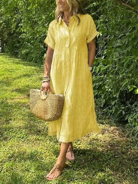 Women's Yellow Striped Collared Short-Sleeve Relaxed Maxi Shirt Dress